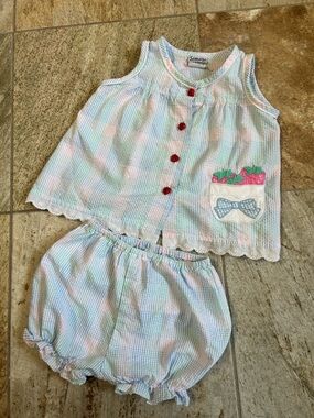 Vintage Samara Baby Girl 2 Piece Set 6-9M Strawberry Gingham Outfit Bloomer Set